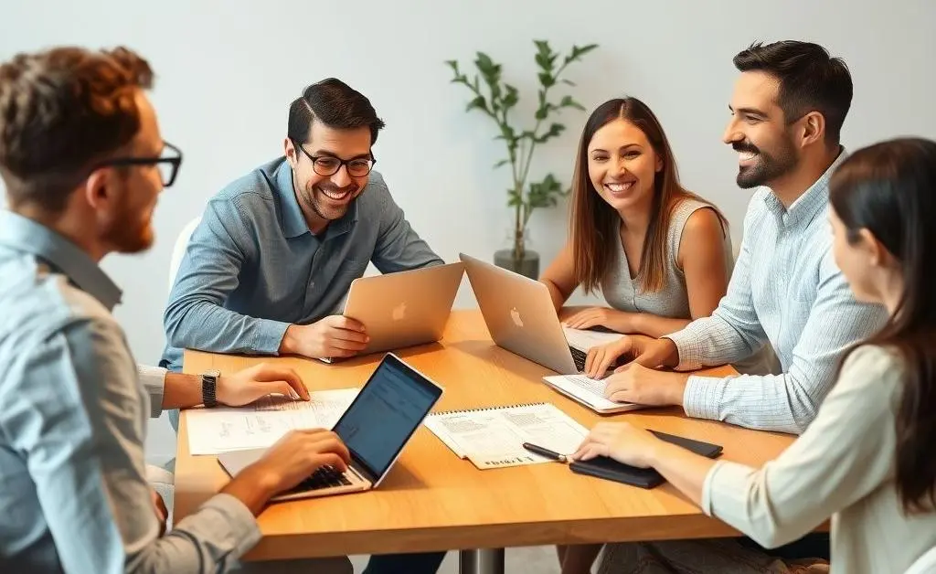 A family sitting around a table with financial documents and laptops, having a cheerful discussion.