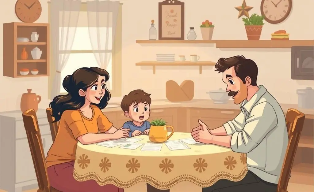 Illustration of a small family gathered around a table discussing budget plans