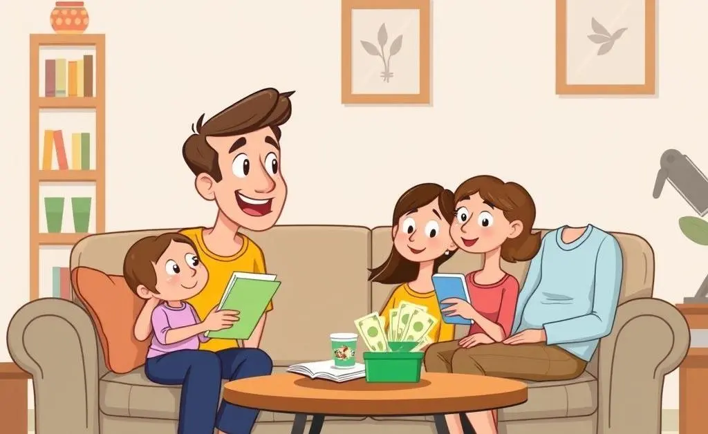 A family discussing finances on a couch
