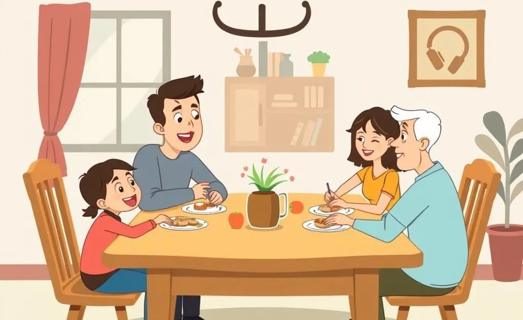 A family sitting around a dining table discussing their financial goals.