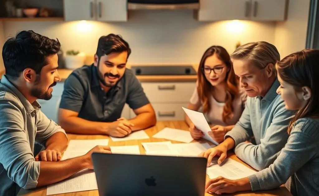 A family sitting at a kitchen table with papers and a laptop, discussing health insurance options