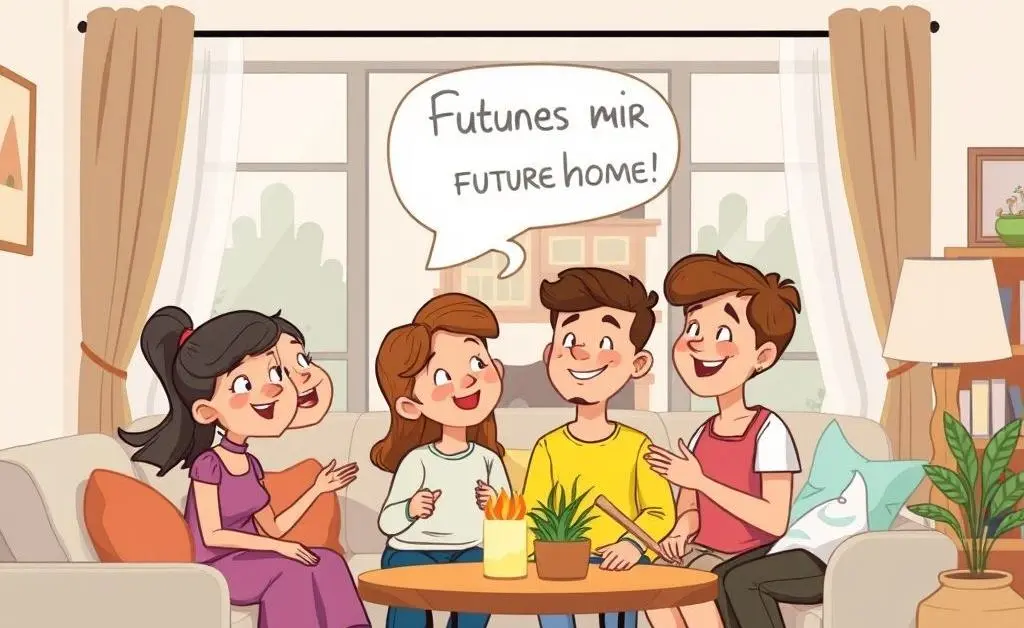 A cartoon drawing of a family happily discussing their future home in a cozy living room setting