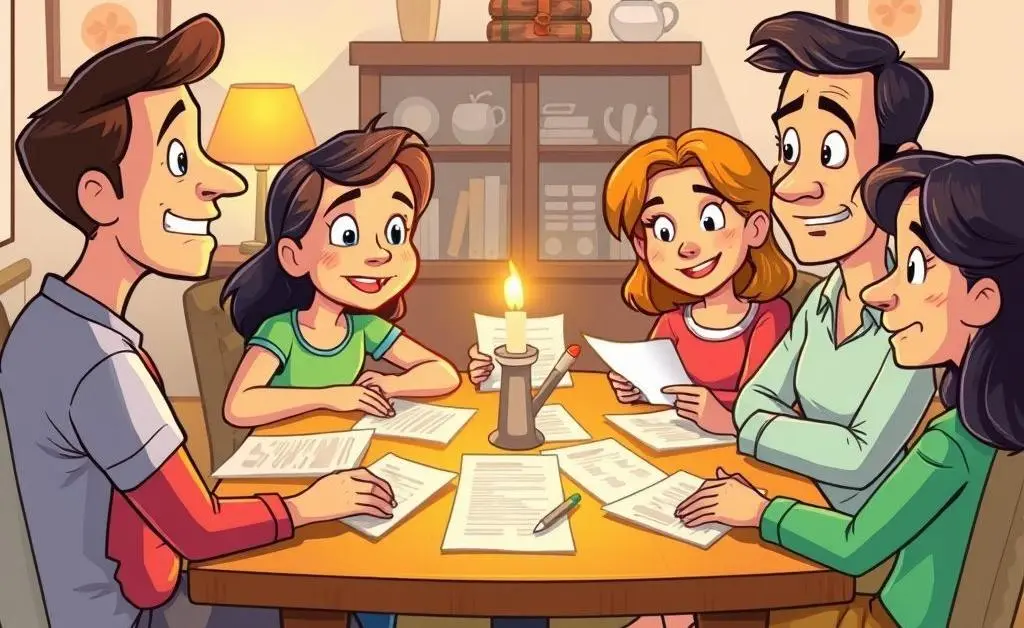 Family discussing mineral rights inheritance around a table