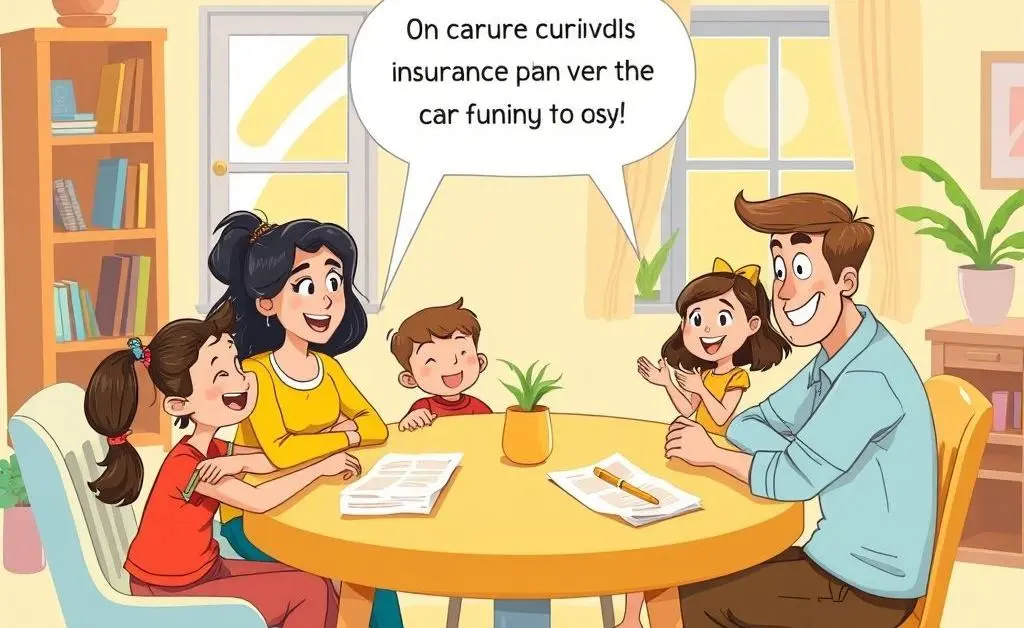 A family discussing car insurance options at a table.