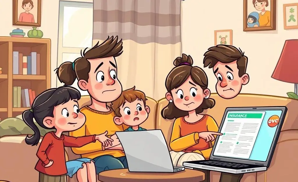 A family at home discussing their car insurance plan, looking curious and concerned