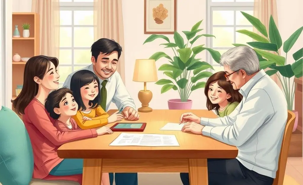An illustration of a family sitting together at a table discussing insurance options with relaxed expressions