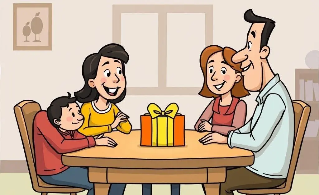 Cartoon of a family sitting around a living room table discussing insurance documents.
