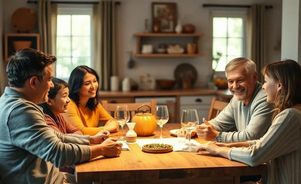 A family around a dinner table, casually discussing finances