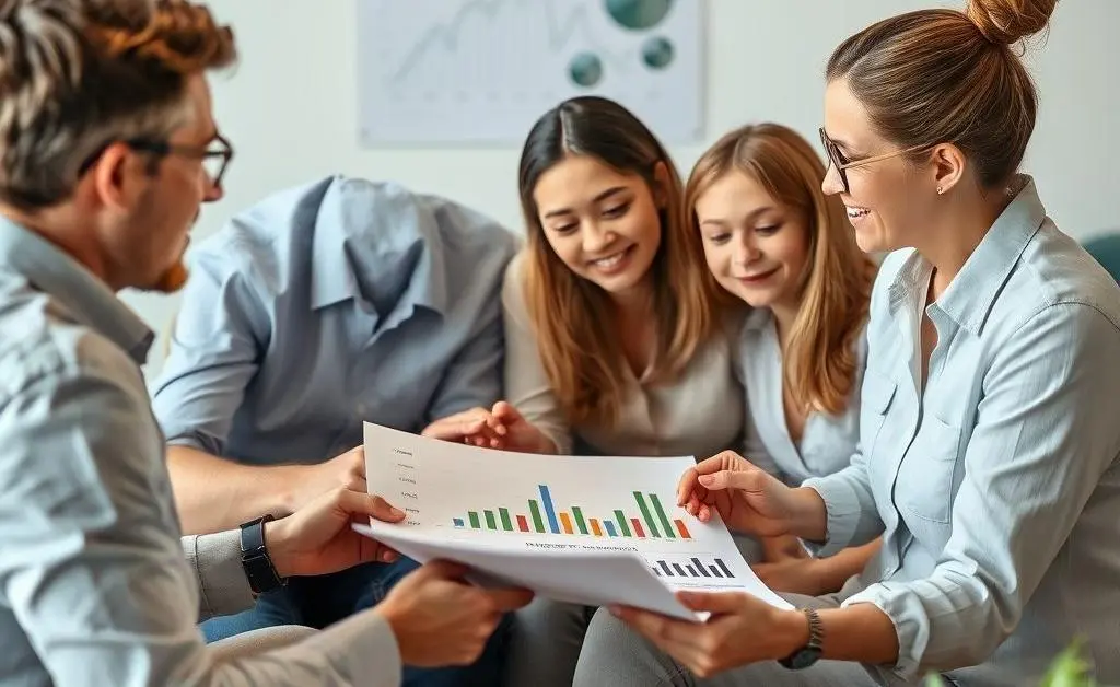 A family sitting together, looking at investment charts and having a discussion