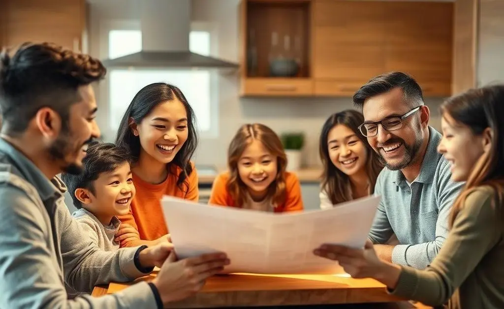 A family sitting together, cheerfully discussing financial options at their kitchen table.