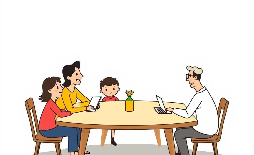 A minimalist cartoon of a family gathered around a table, discussing a mortgage budget in a light-hearted manner.
