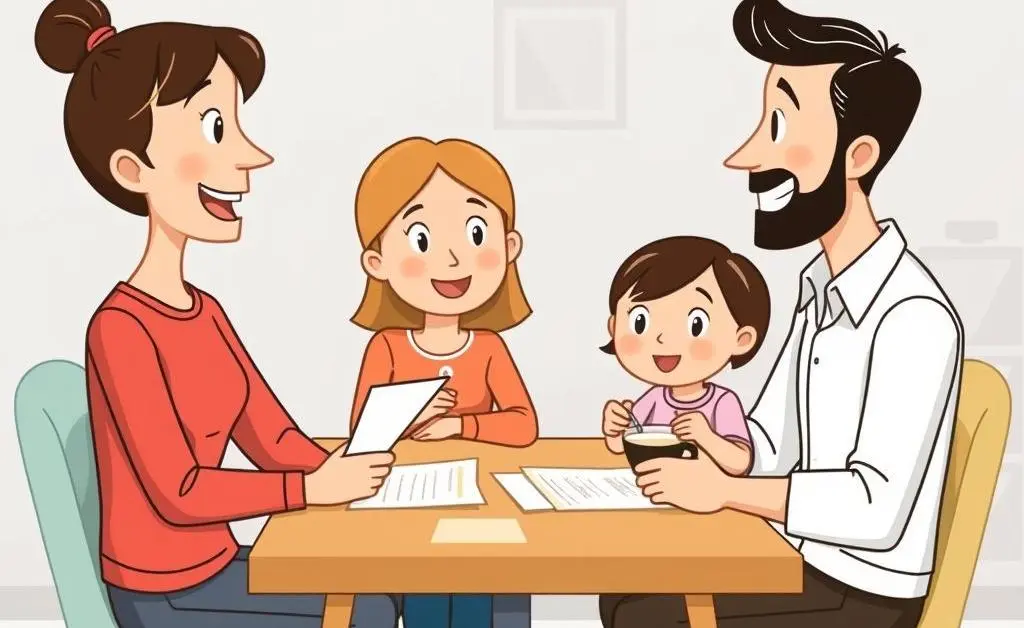 A cartoon-style image of a family discussing paperwork over coffee.