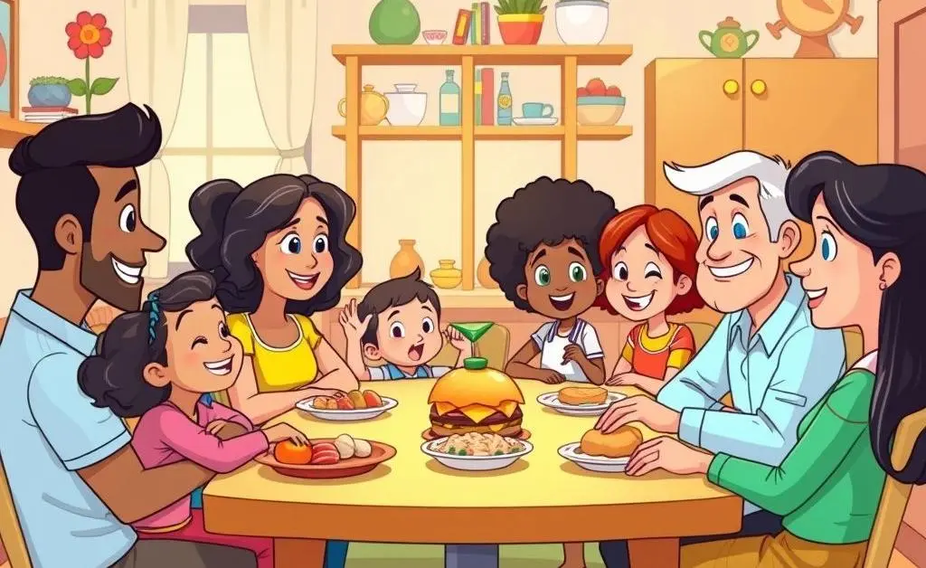 A cartoon-style illustration of a family sitting at a dinner table discussing health insurance plans