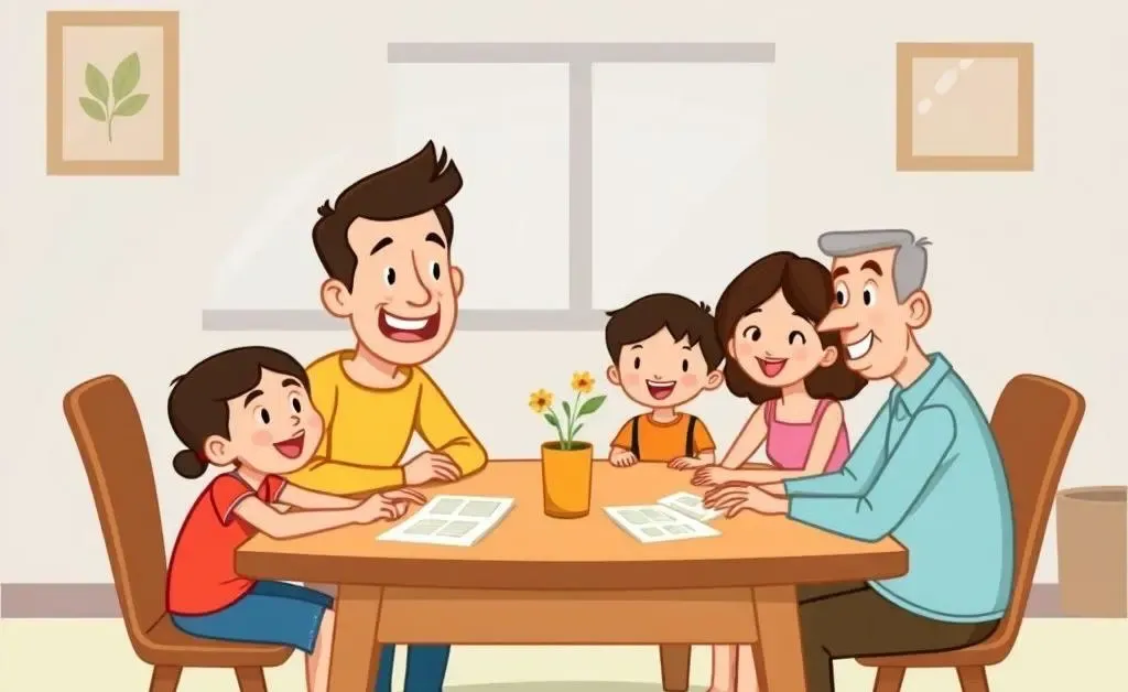 A family happily discussing their financial plans at the table.