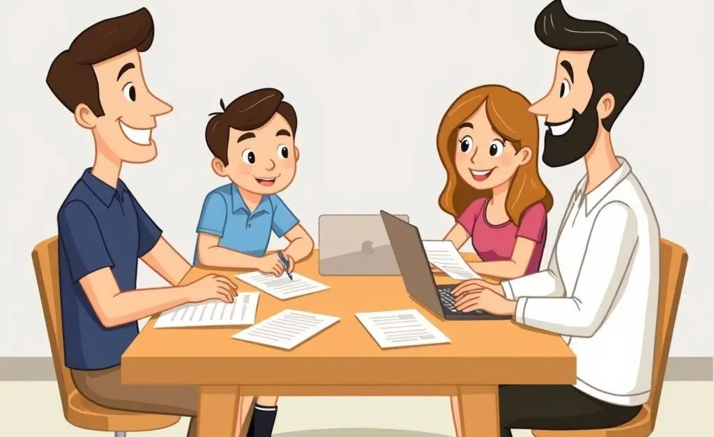 A cartoon family sitting around a table discussing plans