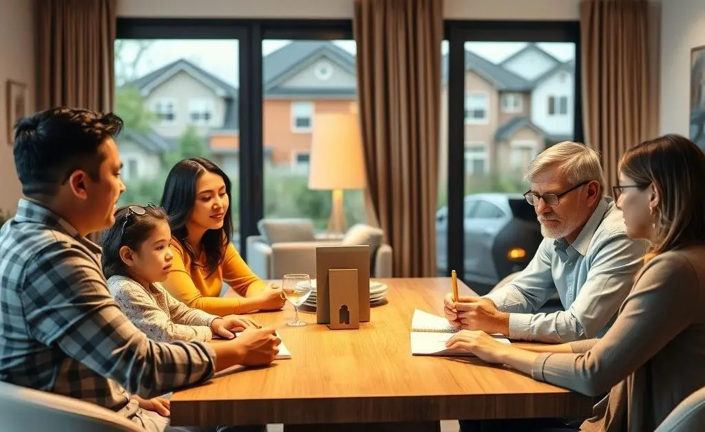 A family sitting around a table discussing real estate with a financial advisor
