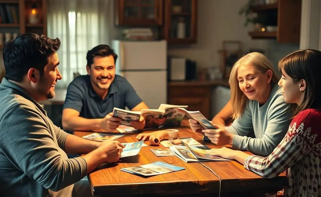 Family discussing SUV options around the table over coffee