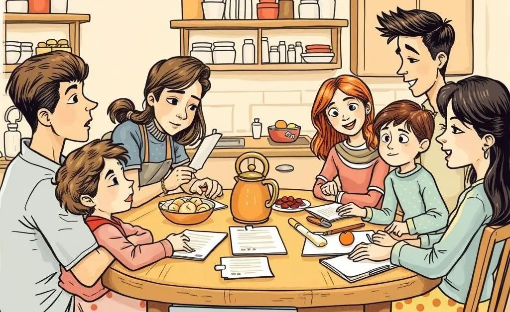 Hand-drawn family discussing health insurance at a kitchen table