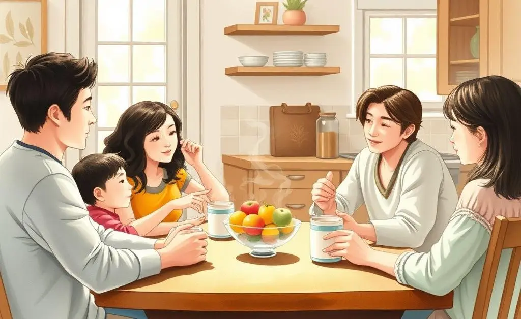 A family having a thoughtful, calm discussion at a kitchen table