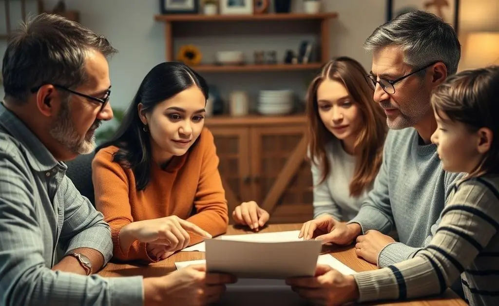A family sitting together at a table, discussing financial decisions, with expressions of contemplation.