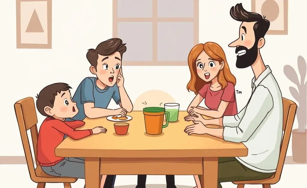 Illustration of a family discussion around a table, expressing varying emotions