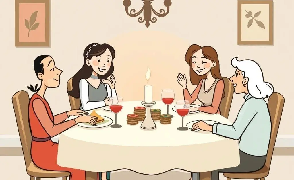 Family discussing marriage at dinner table.