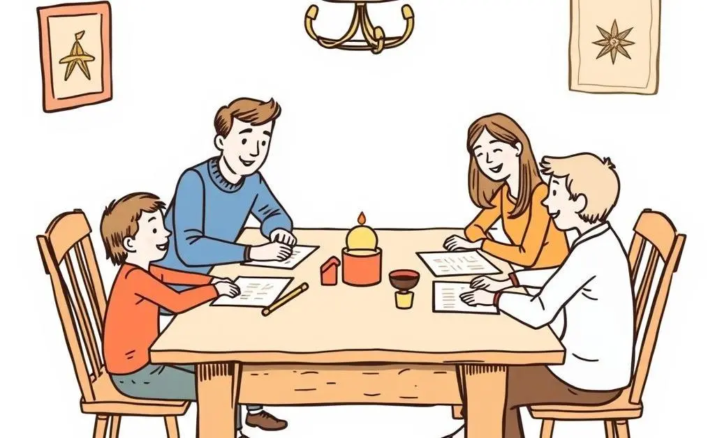 A hand-drawn style depiction of a family discussing plans around a dining table.