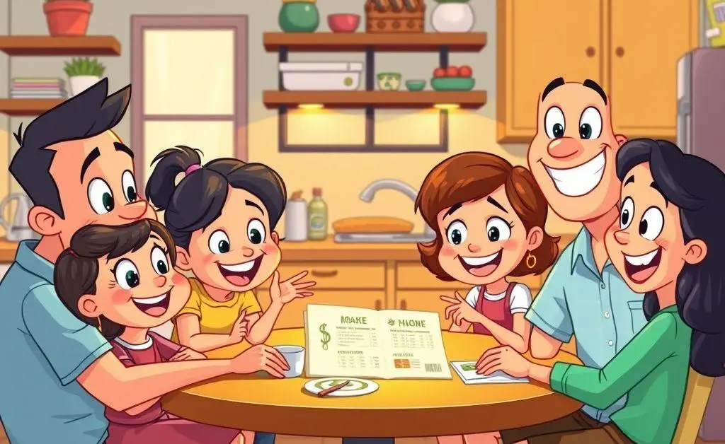 A cartoon family around a table discussing their budget.