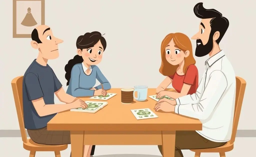 Illustration of family at a table discussing finances.