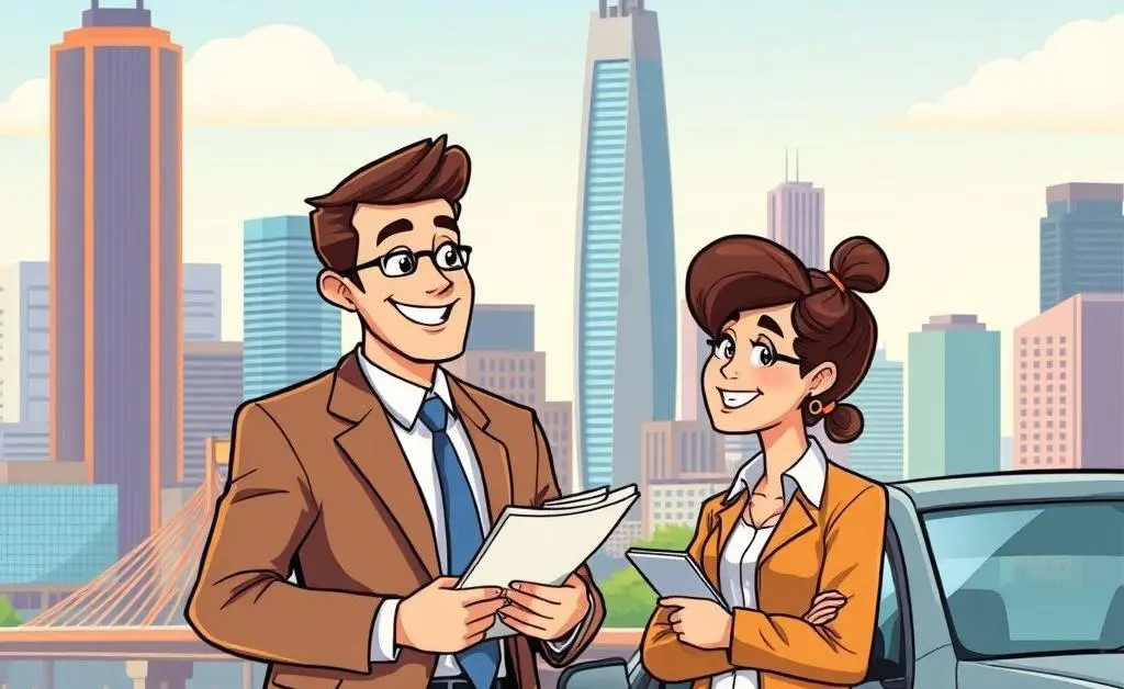 Cartoon illustration of a family discussing car insurance options