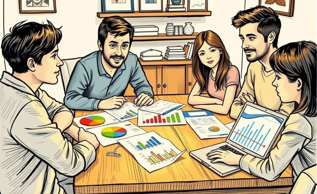 Hand-drawn illustration of a family sitting around a table discussing finances, with charts and a laptop open