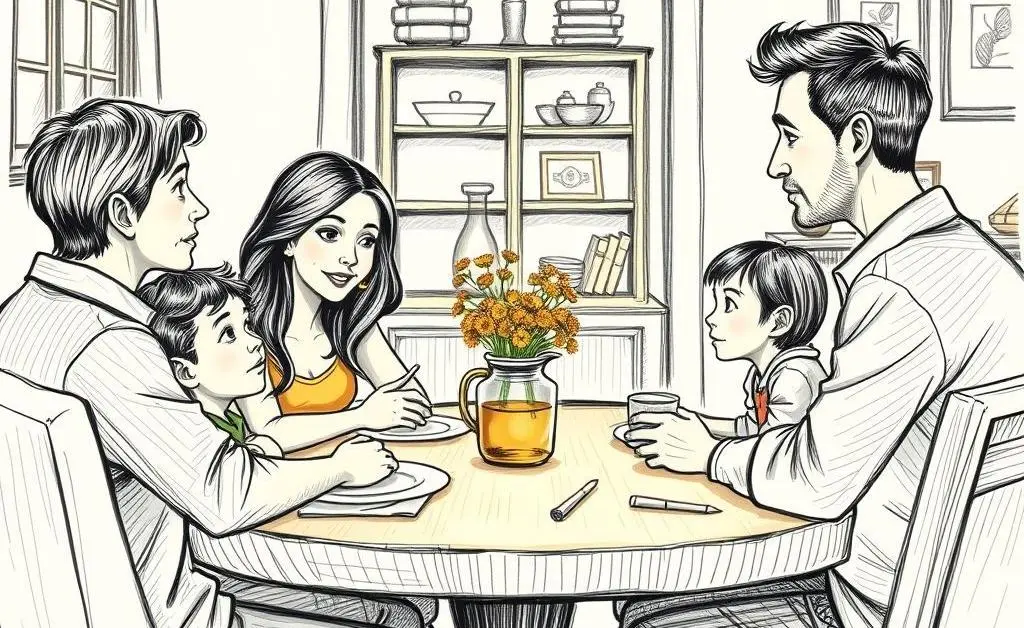 Family having a financial discussion at dinner table