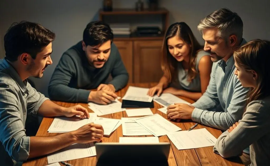 Family discussing finances around a table