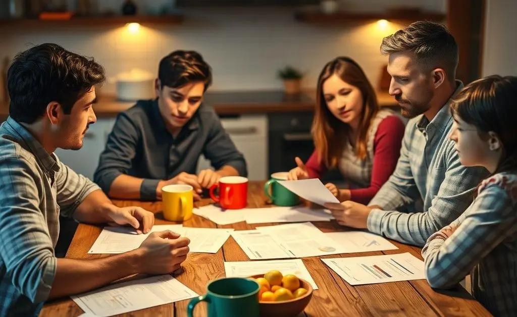Family at a kitchen table discussing insurance plans with papers scattered.