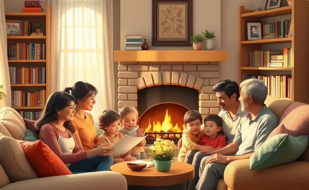 A family sitting in a cozy living room, discussing insurance options