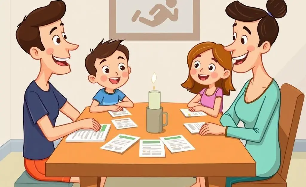 A family at a dining table, discussing life insurance plans.