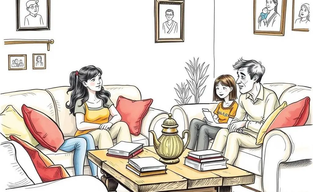 Hand-drawn image of a family discussing in the living room