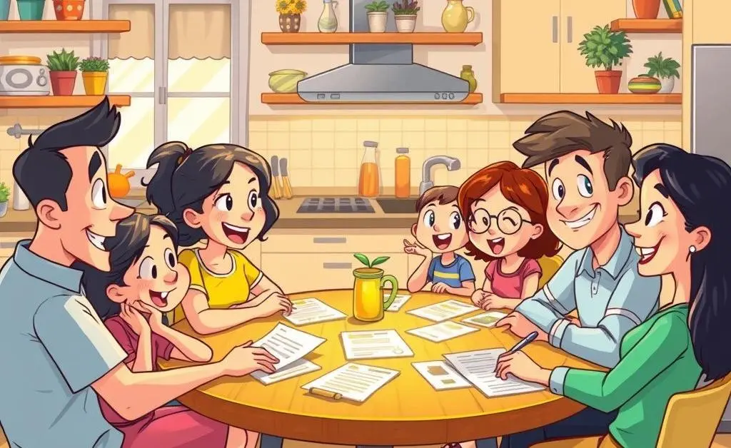 Family having a discussion around kitchen table with documents.