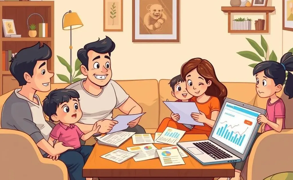 A family discussing health insurance at home with papers and a laptop between them.