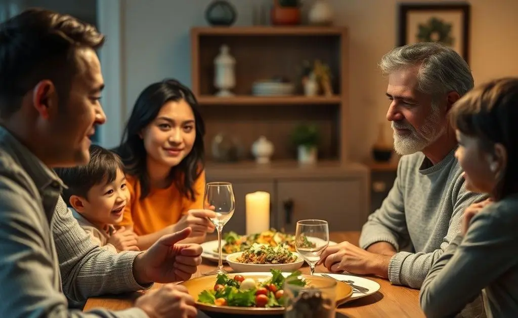 Family having a discussion about savings at a dinner table