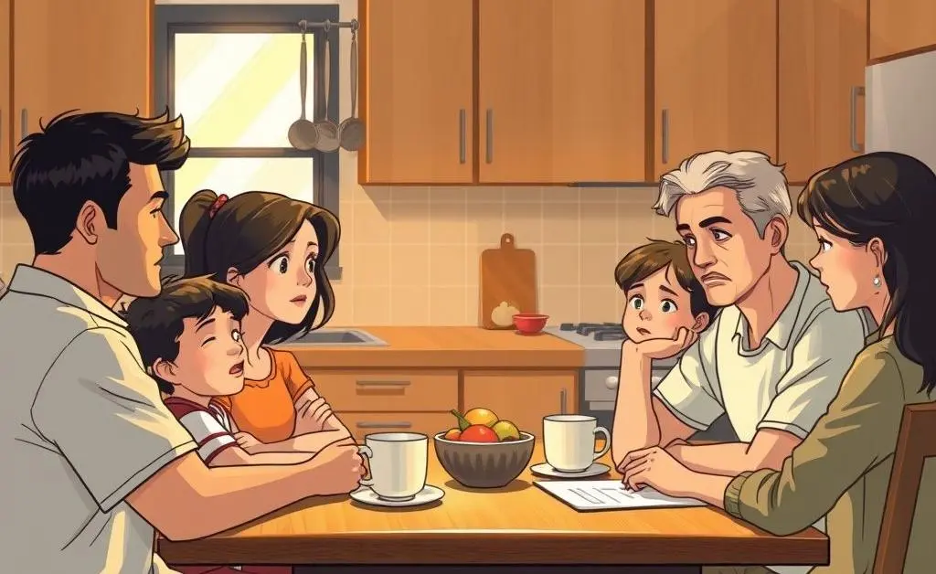 Illustration of a family sitting at a kitchen table having a serious discussion