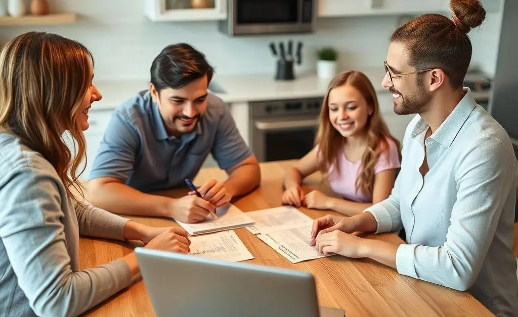 A family discussing financial options around a kitchen table
