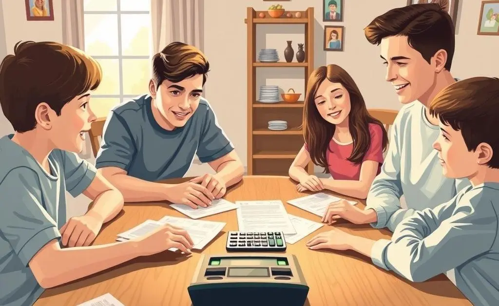 Family discussing mortgage rates with calculator