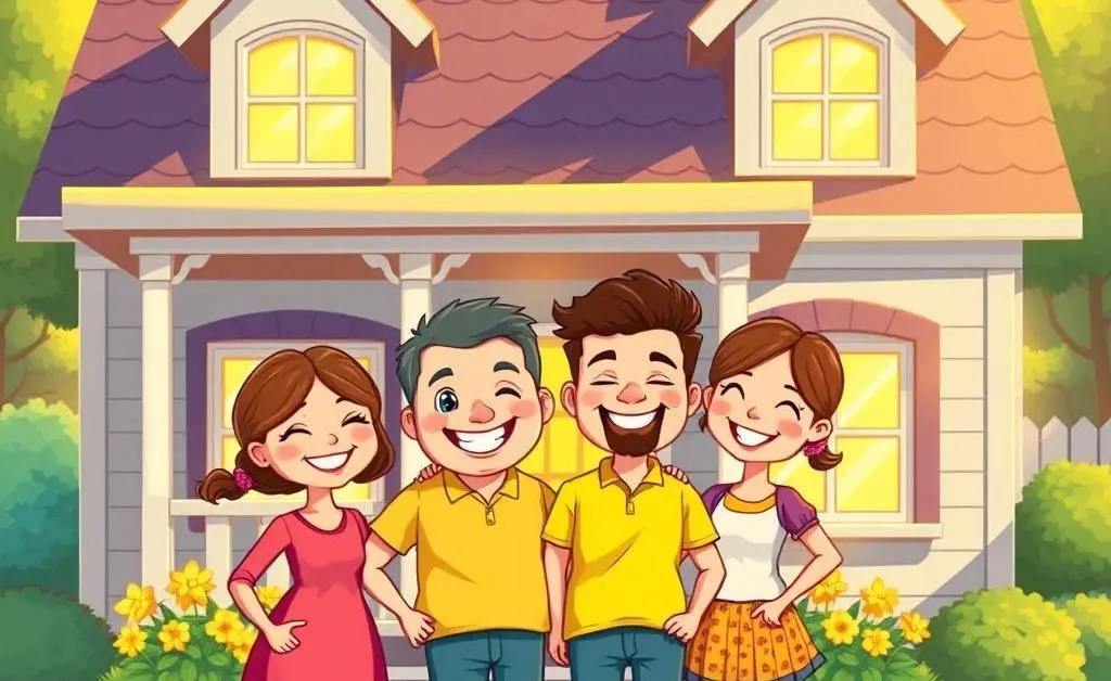 Cartoon-style depiction of a happy family standing in front of their dream home