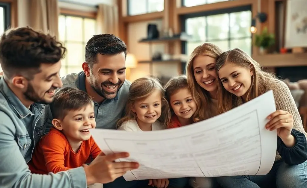 A family sitting together looking at home blueprints