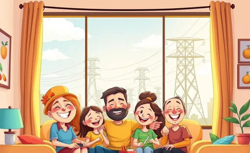 Cartoon image of family in a living room