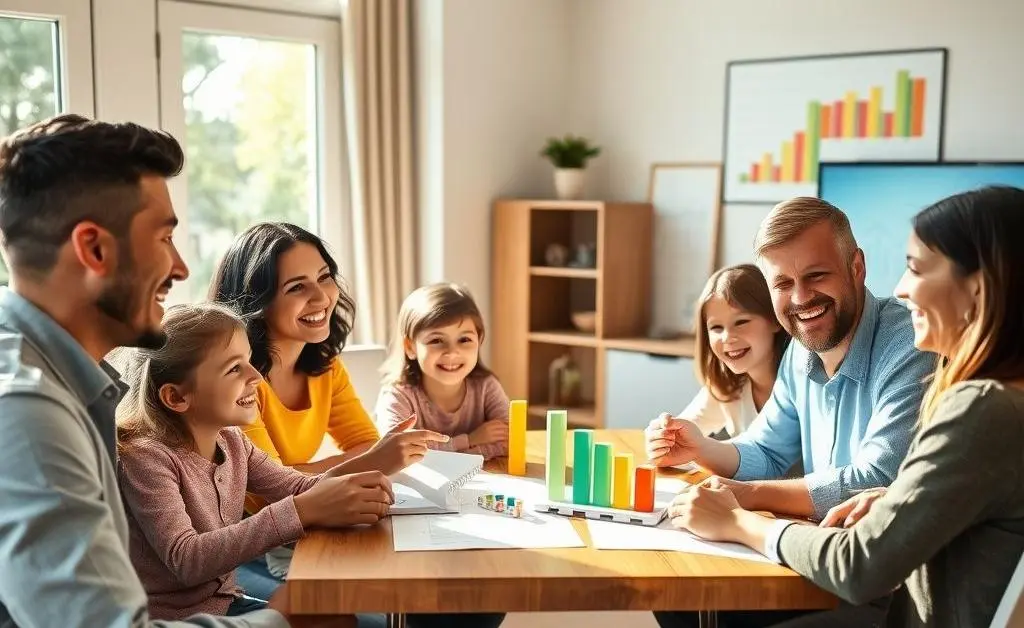 Family discussing finances with charts in the background