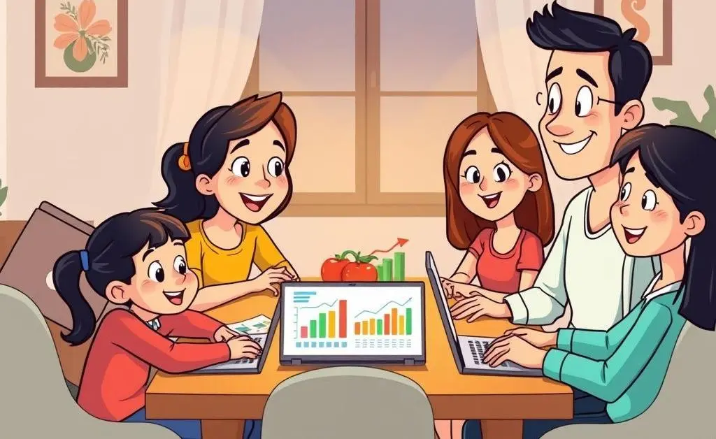 A cartoon-style family casually discussing finances around a dining table