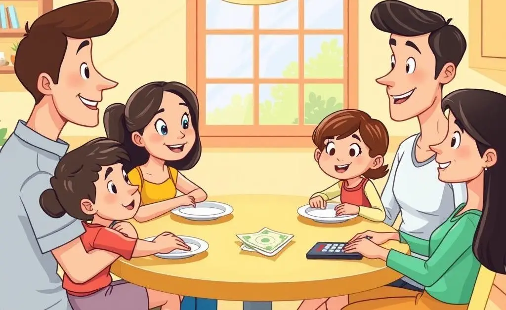 Family discussing finances around a table