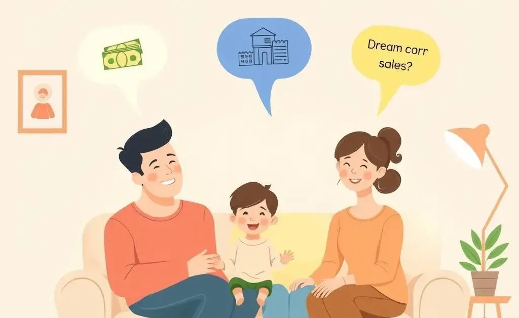 A family envisioning their future financial goals with speech bubbles.